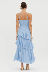 Rose Garden Tiered Ruffle Floral Trim Dress Blue